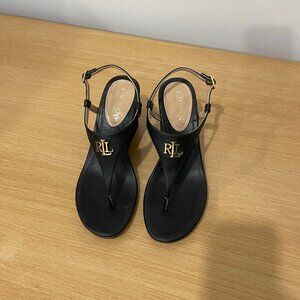 Like New Ralph Lauren Jeannie T-Strap Black Wedge Sandal Size 8